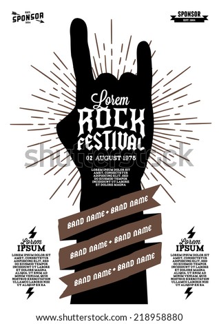 hipster rock festival poster with hand ribbon lightning starburst