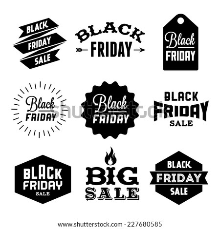 collection monochrome black friday label, badge for your business  with arrow, fire, ribbon, starburst