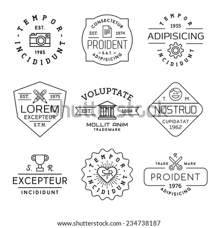 collection monochrome hipster vintage label, logotype, badge for your business or t-shirt print with photo camera, gear, pencil, bank, face,  champion cup, heart, scissors