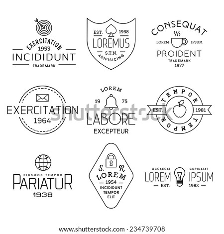 collection monochrome hipster vintage label, logotype, badge for your business or t-shirt print with target, shield, cup, letter, bell, apple, globe, lock, bulb