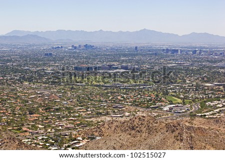 Wide Angle view of Phoenix, Arizona Skyline looking from the northeast to the southwest