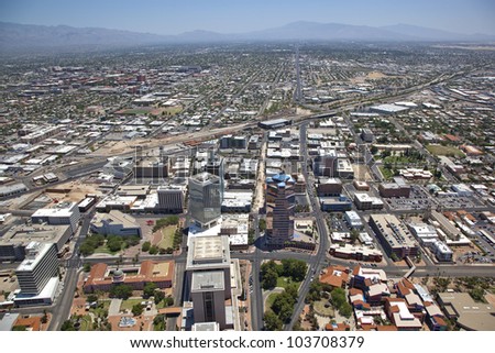 Low Level Aerial view of Downtown Tucson, Arizona