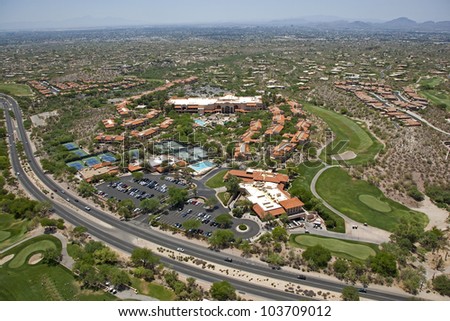 Aerial view of a southwest desert vacation resort