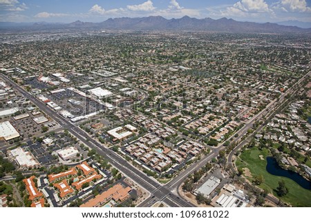 Aerial view of homes and apartments in upscale Scottsdale, Arizona