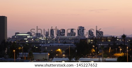 Downtown Phoenix, Arizona skyline at sunset