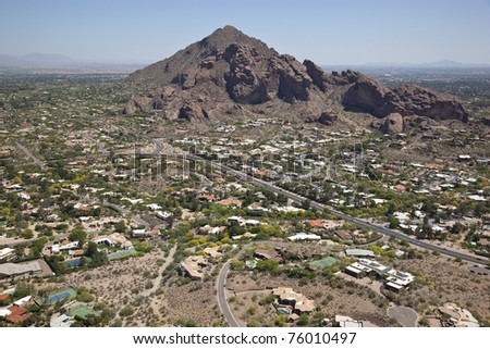 Aerial view of Camelback Mountain and surrounding Paradise Valley and Scottsdale, Arizona