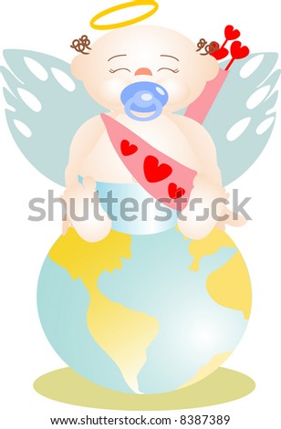 The angel of love in its most innocent image, as baby on the globe Foto stock © 