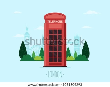 Travel to London. Telephone Booth with Famous London Landmarks in the Background. Flat Design Style. 