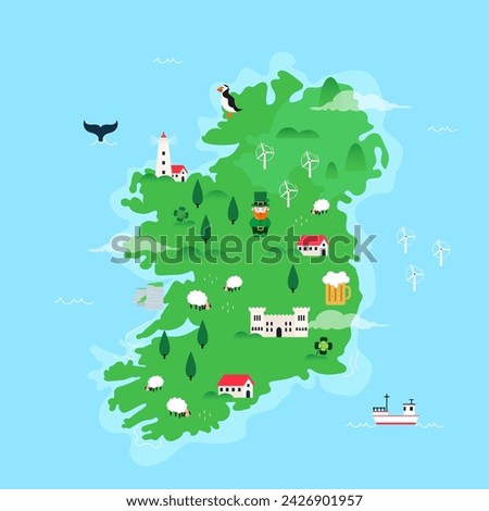 Map of Ireland with Irish symbols. 