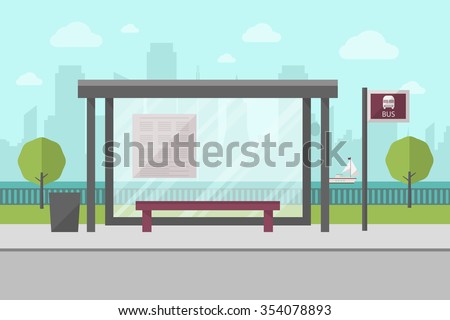Vector Illustration of Bus Stop with City Skyline and River with Boat in Background. Flat Design Style. 