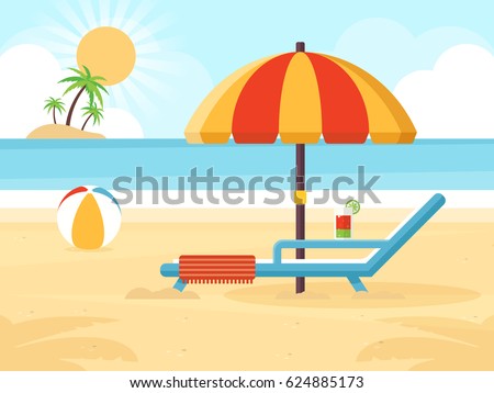 Beach Landscape with Beach Umbrella, Beach Chair, Cocktail and a Ball. Flat Design Style. 