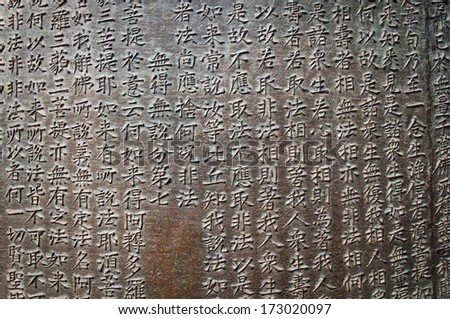 Ceremonial bell covered with chinese inscriptions in Yonghe Temple also known as Palace of Peace and Harmony Lama Temple or simply Lama Temple in Beijing, China