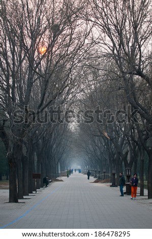 BEIJING, CHINA - MARCH 26: Chinese people walks in Temple of Heaven park area on March 26, 2013 in Beijing