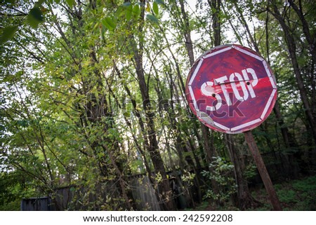 Stop sign in Chernobyl-2 military complex (next to Duga-3 radar system), Chernobyl Nuclear Power Plant Zone of Alienation, Ukraine