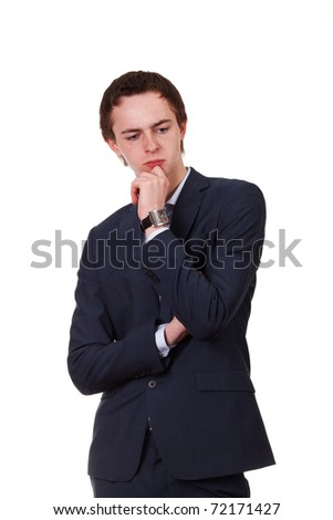 The business man in a suit thinks of what that on white background