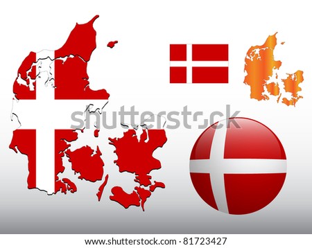 Vector illustration of Denmark map and glossy ball with flag pattern