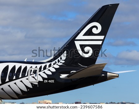 SYDNEY - AUGUST 31: The latest paint scheme of Air New Zealand, All blacks as seen on August 31, 2014. Air New Zealand has recently painted few of its latest fleet in magnificent all black scheme.