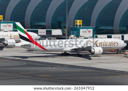 DUBAI - FEBRUARY 28: An Emirates plane is getting ready to taxi for take off as seen on February 28, 2013.
