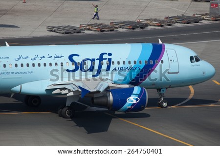 DUBAI - NOVEMBER 3: Safi Airways A319 new addition to its fleet is seen here taxing to the gate after arrival in Dubai International Airport as soon on November 3, 2013. Safi is Afghanistan airlines.