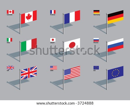 The flags of the members of the G8: Canada, France, Germany, Italy, Japan, Russia, UK, USA, plus the flag of the EU. Drawn in CMYK and placed on individual layers.