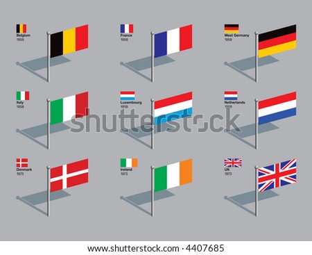 Flags of first 9 countries of the EU (Belgium, France, West Germany, Italy, Luxembourg, Netherlands, Denmark, Ireland, UK), with the year they joined. Drawn in CMYK and placed on individual layers.
