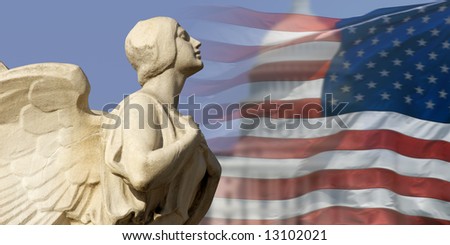 The winged figure of Democracy pursues the symbols of American power and nationhood.