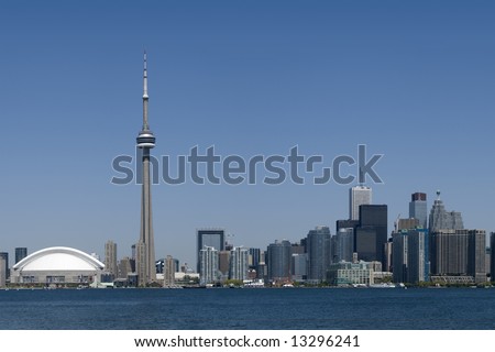 Downtown Toronto - including the Rogers Centre, CN Tower, and the banking district - in early summer.