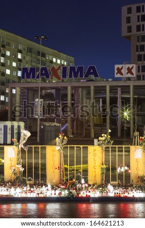 Riga, Latvia - 25 November 2013: Third day of National Mourning in Baltic Countries after roof of Maxima supermarket in Riga, Latvia unexpectably collapsed killing 51 people.