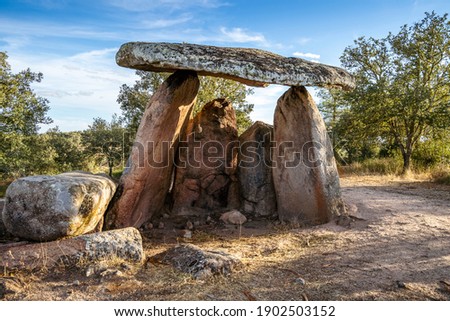 A megalithic dolmen called Anta Da Coutada found in Alentejo, Portugal 商業照片 © 