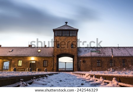 Main gate to nazi concentration camp of Auschwitz Birkenau, Poland