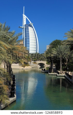 DUBAI, UAE - JANUARY 25: The grand sail shaped Burj al Arab Hotel is classed as one of the most luxurious in the world and is located on a man made island it is shown in January 25, 2013 in Dubai.