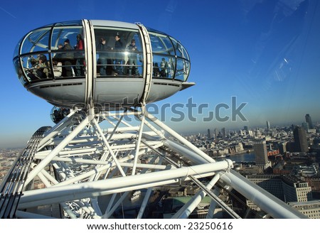 LONDON, UNITED KINGDOM - JANUARY 6, 2009: A Participants of attraction London Eye in a cabin of a wheel of a review on January 6, 2009 in London, United Kingdom of Great Britain