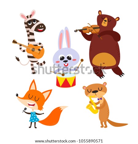 Collection of cute cartoon animals with muzical instruments isolated on white. Vector illustration of animal character in music band used for magazine, children book, poster and card. Imagine de stoc © 