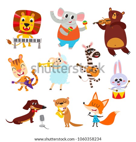 Collection of cute cartoon animals with muzical instruments isolated on white. Vector illustration of animal character in music band used for magazine, children book, poster and card. Imagine de stoc © 