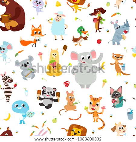 Cute adorable animals character eating different food. Vector seamless with domestic and wild animals isolated on white used for magazine, greeting card, web pages and scrapbooking.