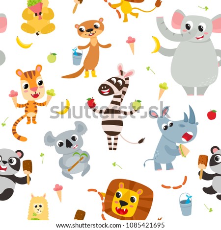 Cute adorable animals character eating different food. Vector seamless with wild animals isolated on white used for magazine, greeting card, web pages and scrapbooking.