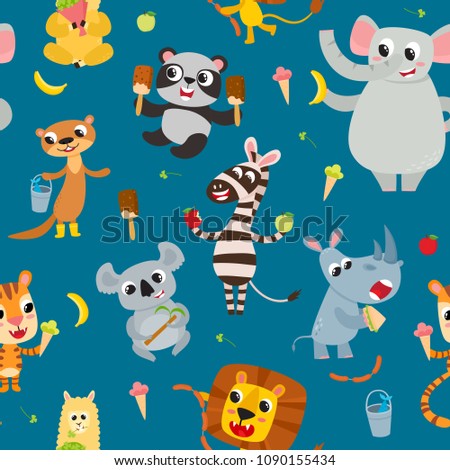 Cute adorable animals character eating different food. Vector seamless with wild animals isolated on blue used for magazine, greeting card, web pages and scrapbooking.