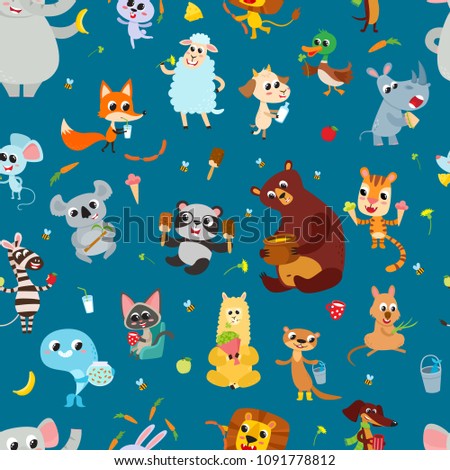 Cute adorable animals character eating different food. Vector seamless with domestic and wild animals isolated on blue used for magazine, greeting card, web pages and scrapbooking.