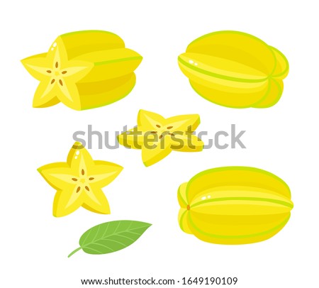 Vector set of exotic fruit carambola isolated on white. Whole and half, slices of fresh starfruit used for poster, website, brochure, tag Сток-фото © 