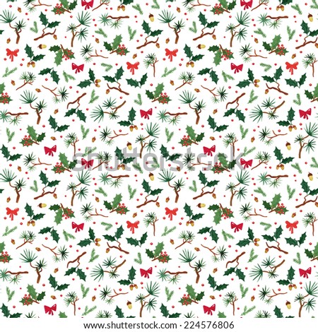 Hand drawn watercolor Christmas seamless pattern with fir branches, oak branches and holly berries.