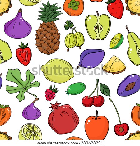 Colorful vector seamless pattern with fruits. Abstract healthy food background with fruits for wallpaper, web page background, wrapping, textile and scrapbook.