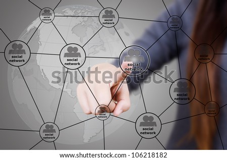 Business lady pushing Social Network diagram.