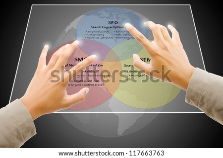 Hand touching SEO process on the Touchscreen Interface.