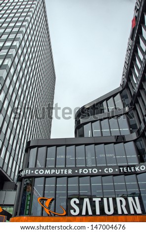 BERLIN - JUN15: Saturn Building shows its technology through the elegant exterior. Saturn is the most imposrtant technology chain in Germany, June 15th, 2012 in Berlin.