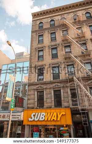 NEW YORK CITY - Jun 12: A Subway fast food outlet on June 12, 2013 in New York City. Subway is the world\'s largest single restaurant chain with more than 38,000 restaurants