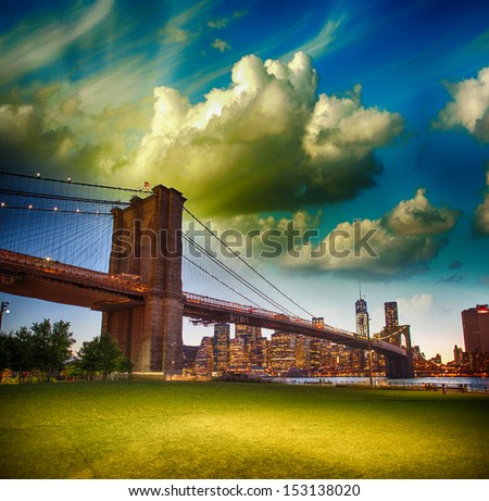 The Brooklyn Bridge as seen from Brooklyn Bridge Park, New York City - Sunset summer view.