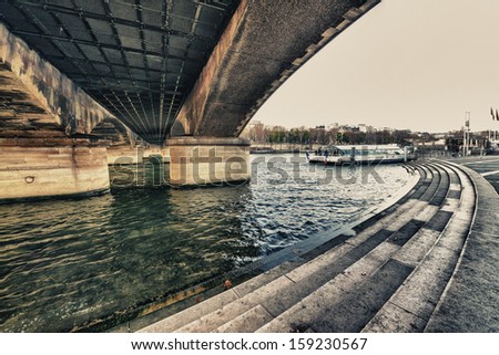 Under Iena Bridge, Paris. Seine river in Eiffel Tower area.