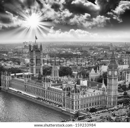 London, UK. Houses of Parliament and Big Ben, beautiful aerial view at sunset.