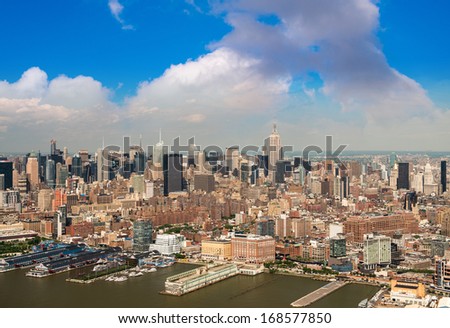 Manhattan as seen from Helicopter, New York skyscrapers.