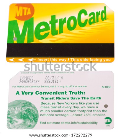 NEW YORK CITY - JAN 18: A standard rechargeable New York MTA Metro Card isolated on white background, on January 18, 2014, in New York City.